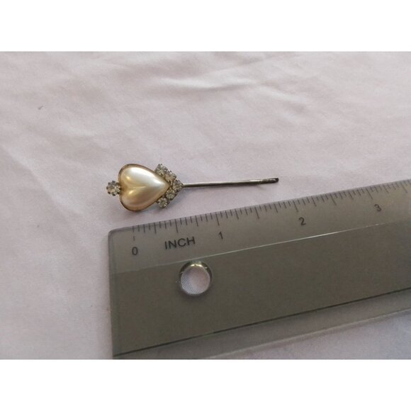 Vintage Heart-Shaped Faux Pearl & Rhinestone Hairpin Bobby Pin - Picture 2 of 3